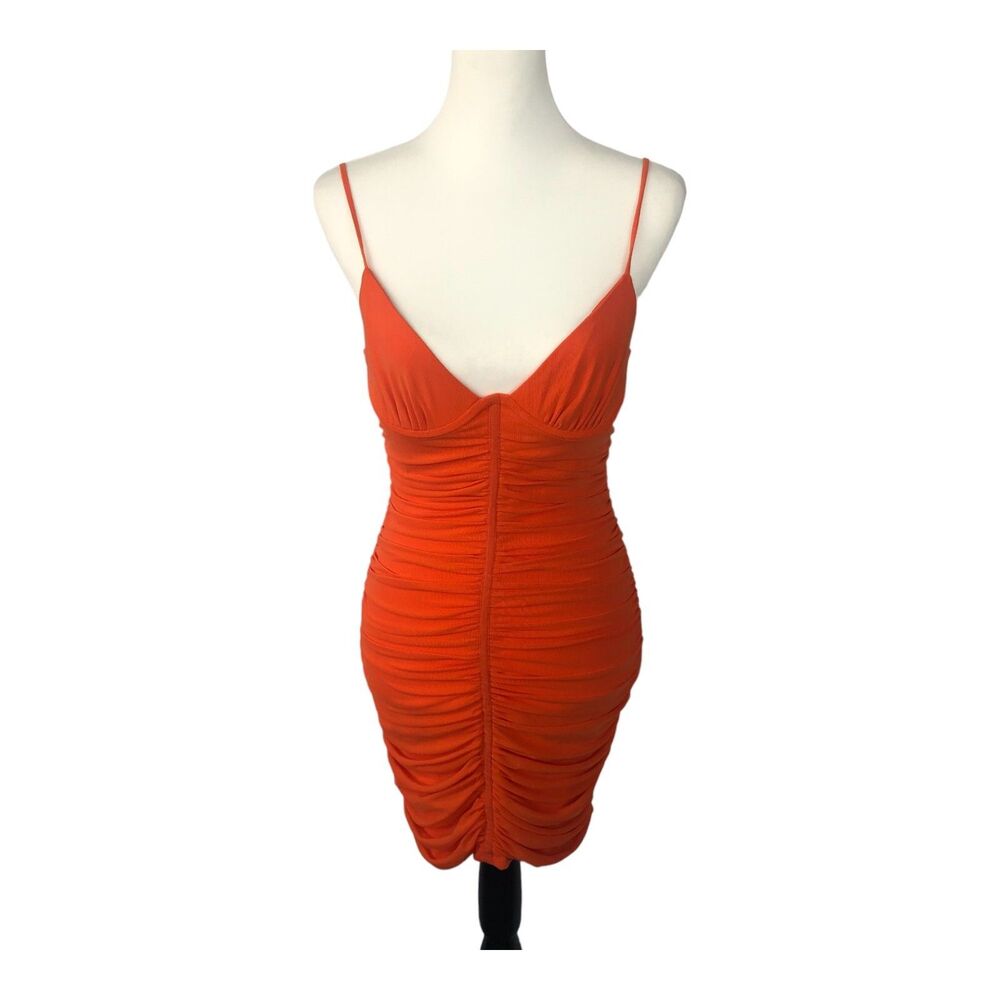 White Fox Boutique NWT‎ Sexy Bodycon Ruched Tangerine Orange Mini Dress Sz L